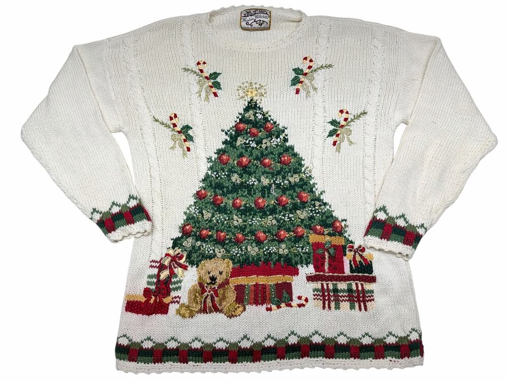 Vintage 2001 Heirloom Collectibles Christmas Tree Teddy Bear Sweater Women's M